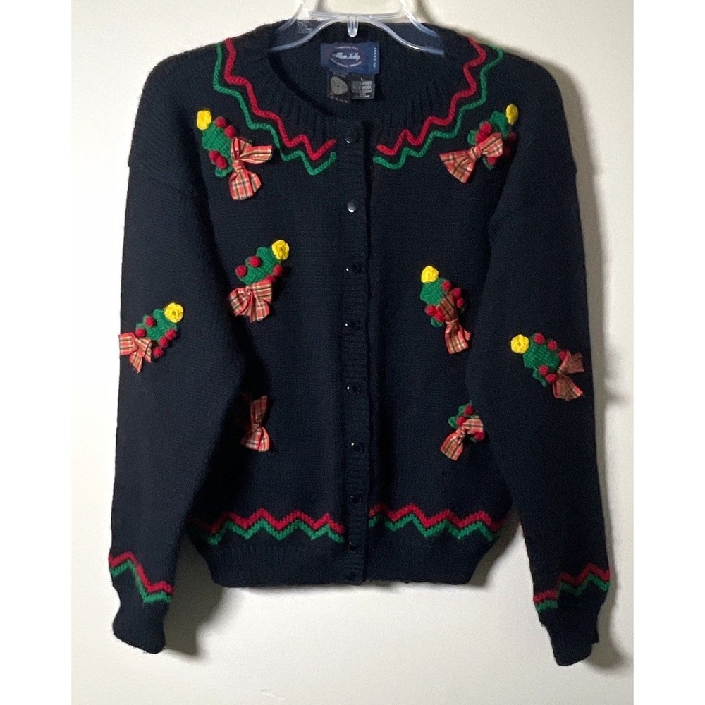 Allen Solly Women's L Wool Knit Button-Up Cardigan Embroidered Christmas VTG
